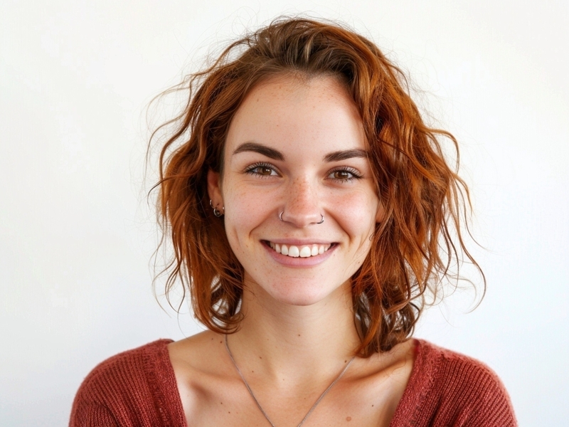 Porträt einer jungen Frau mit schulterlangen Haaren und Nasenpiercing die freundlich lächelt