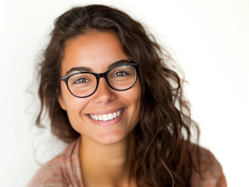 Porträt einer Frau mit langen dunkelbraunen Haaren und Brille, die fröhlich lächelt