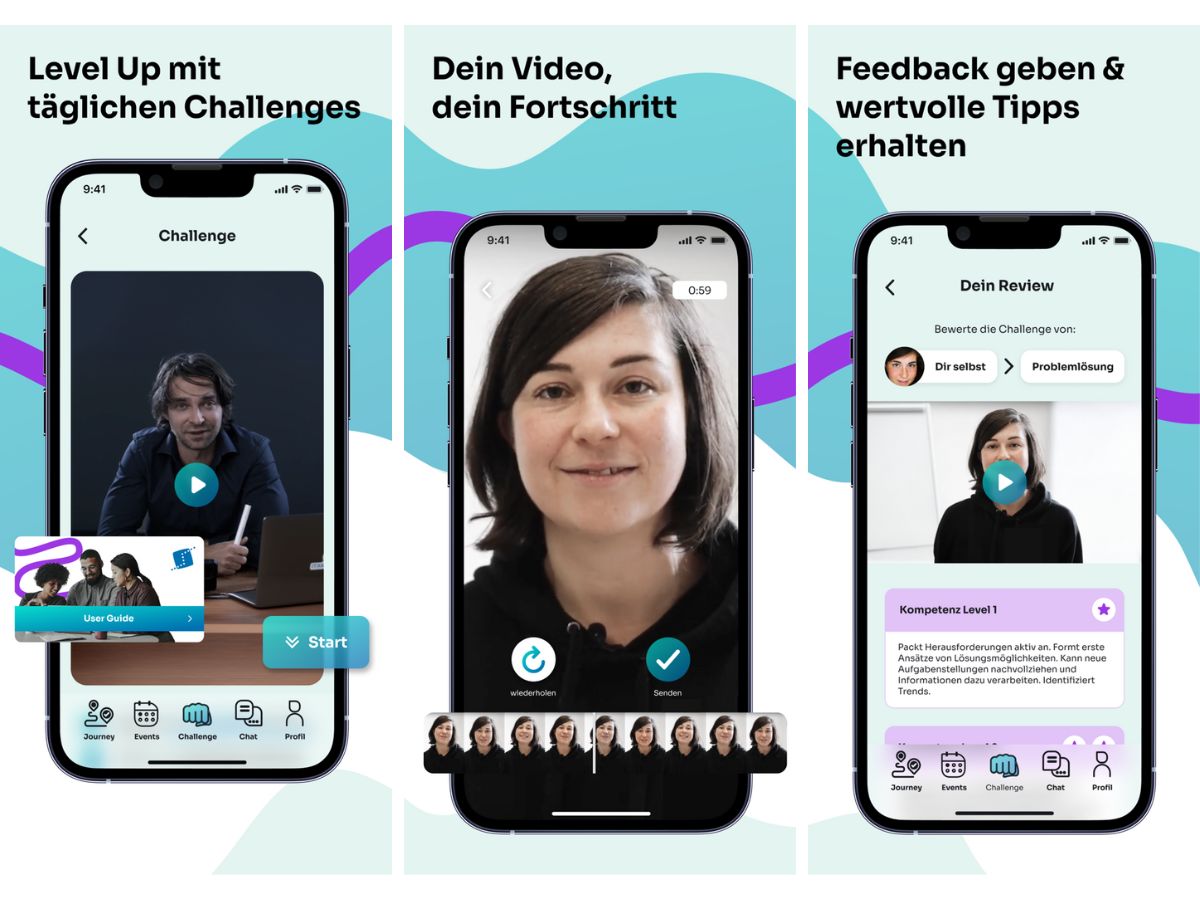 Screenshots der App Karriere Games, die eine tägliche Challenge zeigen, eine Videodokumentation und die Review..
