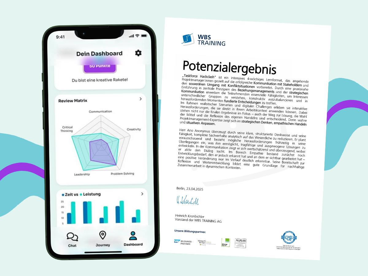 Screenshot, der das Dashboard eines Karrierespiels zeigt und das Dokument Potenzialergebnis.